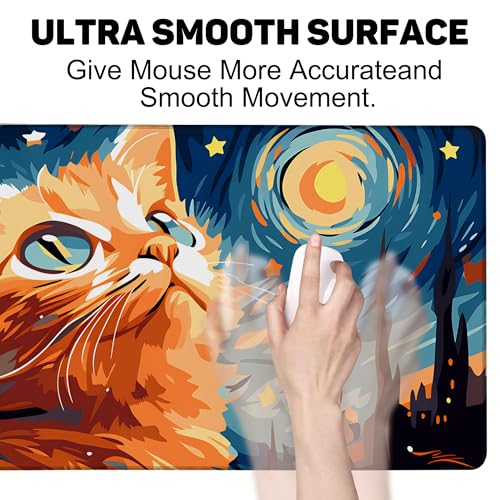 Orange Cat Under Starry Night Gaming Mouse Pad with Stitched Edges Non-Slip Rubber Base Mouse Pad for Office,Computer,Keyboard,Laptop and Home Desk,35.4 x 15.7 Inch - color: Orange Cat under Starry Night, size: 15.7*35.4inch