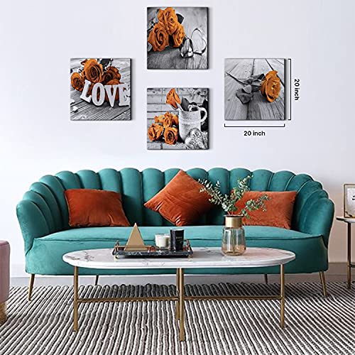Burnt Orange Canvas Wall Art Flowers Pictures Wall Decor for Living Room Vintage Rose Paintings Bathroom Decor Rustic Farmhouse Floral Posters Modern Artworks Kitchen Home Decorations 12x12” 4Pcs - color: Orange Rose, size: 12x12in