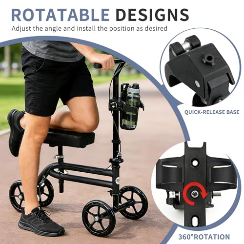 Knee Scooter Cup Holder,Black | 360° Rotatable, Cup Holder for Knee Scooter for Foot Injuries, Broken Ankle,1-Pack