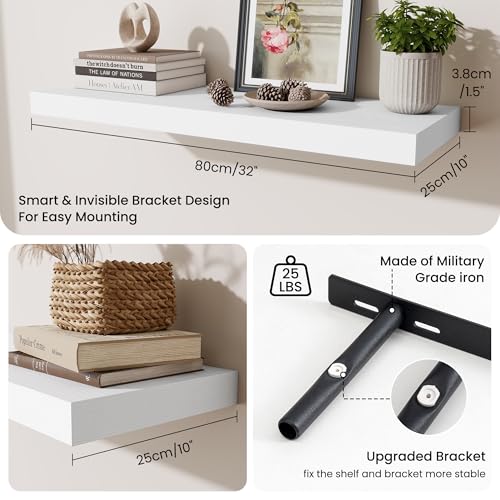 Fun Memories Floating Shelves for Wall, 32 Inch Long Floating Shelves Set of 2, 32 x 10 Wooden Shelves for Wall, Large Storage Shelves, Hanging Shelves for Bathroom Kitchen Bedroom, White - color: Modern White, size: 32W x 10D x 1.5H