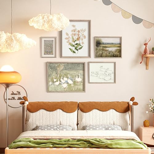 Vodefoad Vintage Nursery Wall Art Set - 5pcs Neutral Canvas Prints - Ducks, Lambs, Flowers, Birds & Landscape - Unframed - color: Nursery Vintage, size: 14L" x 11W"