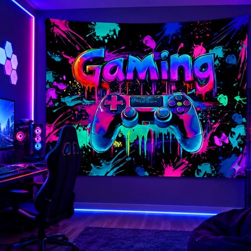 SparkLia Blacklight Gaming Tapestry, UV Reactive Cool Neon Game Controller Wall Hanging, Colorful Graffiti Video Game Wall Tapestries for Teen Dorm Living Room - 30" x 40" - color: Gaming Graffiti, size: 40"L x 30"W