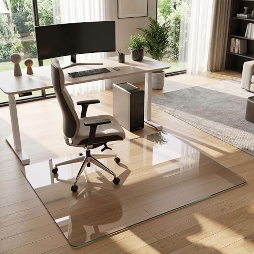 Tempered Glass Chair Mat for Hardwood Floor, 36" x 48" Heavy Duty Glass Office Chair Mat, for Low Pile Carpet, 0.2" Thick with 4 Non-Slip Pads, Smooth Rolling for Home & Office - size: 36" x 48"