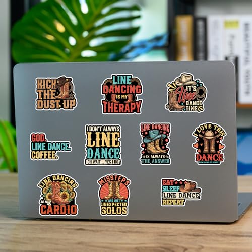 SODAVA (10pcs, 3in) Line Dance Stickers Pack for Country Music Lovers, Western Boot and Cowboy Hat Decal Set, Funny Line Dance Quote Stickers for Laptop, Water Bottle, Notebook, Waterproof Vinyl - color: Line Dance