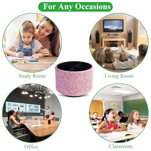 lizimandu Round Leather Art Supply Organizer,Remote Control Holder,360 Degree Spinning,Multi-Functional Pencil Holder,4 Compartments Desktop Stationary Organizer(1-Carved Pink) - color: 1-Carved Pink