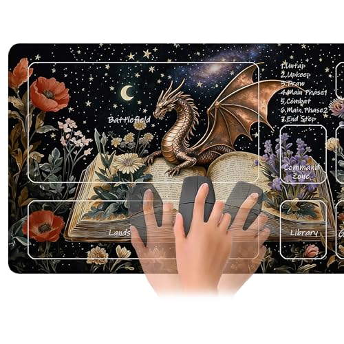 Playmat for MTG Dragon Flowers Spell Books Magic Play Mat 24x14 Inch Card Game Mat for Magic The Gathering TCG PTCG Playmat with Free Storage Bags Non-Slip Backing and Stitched Edge - color: Dragon Flowers Spell Books With Zones