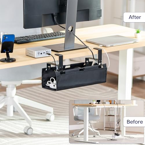 VIVO Clamp-on Under Desk 16 inch Fabric Cable Management Tray, Wire Concealer, Power Strip Storage, Workspace Organization, Easy Fold Down Access, Black, DESK-AC16F-C - size: 16"