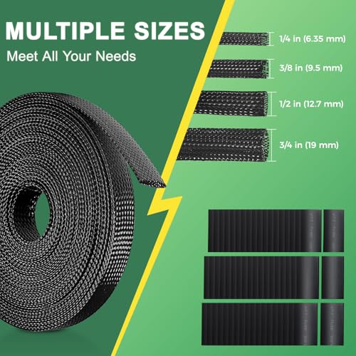 132 ft Expandable Braided Cable Sleeve Wire Loom PET Wiring Sleeving, Mesh Automotive Split Sheathing Wrap Management Heat Shrink for Audio and Other Home Device (1/2 in, 1/4 in, 3/8 in,3/4 in,Black) - color: Black
