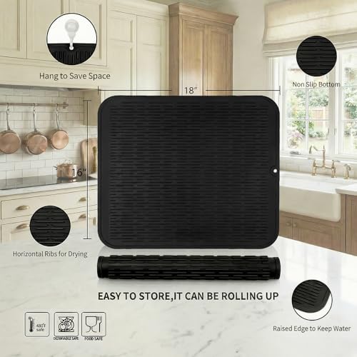 MicoYang Silicone Dish Drying Mat for Multiple Usage,Easy clean,Eco-friendly,Heat-resistant Silicone Mat for Kitchen Counter or Sink,Refrigerator or Drawer Liner Black XL 18 inches x 16 inches - color: Black, size: 18"L x 16"W