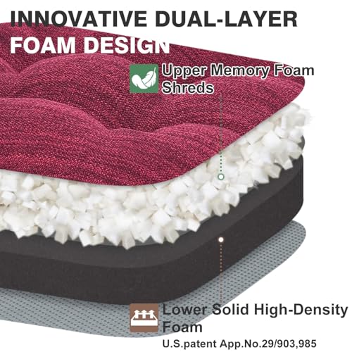 Shinnwa Kitchen Chair Cushions Set of 2, Dual-Layer Memory Foam Dining Chair Cushions, Patented Design Seat Pads with Ties, 16.5 x 16.5 x 3.5in, 2 Pack, Burgundy - color: Burgundy, size: 2 Count (Pack of 1)