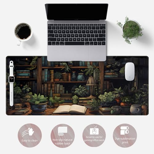 Desk Mat Green Bonsai Library Book Mouse Pad Big Vintage Aesthetic Desk Pad Flower Plant Extended Mouse Pad Large Gaming Mousepad XXL Keyboard Mouse Mat Desktop Mat Office Desk 31.5 X 11.8 in - color: C-dark Colored Bookshelf Plants