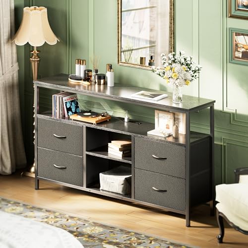 Huuger 47 Inch TV Stand Dresser with Power Outlets and LED Lights | Entertainment Center with 4 Drawers, PU Finish, Grey and Black, Dresser for 55 50 Inch TV, Open Shelf, Media Console - color: Grey and Black, size: 47.2 Inches