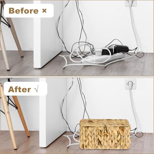 BTSKY Woven Cable Management Box with Lid, Water Hyacinth Cord Organizer for Desk, Cable Organizer Box with 2-Open Slots to Hide Power Strips USB Hubs for Home & Office, Pet Proofing Cord Basket, S - size: S