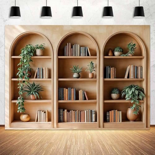 10 x 8 ft Arched Bookshelf Backdrop Modern Library Books Office Plants Video Conference Photography Home Office Meetings Indoor Decorations Photo Banner Props - color: Brown2, size: 10X8FT