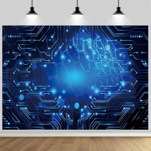 7x5ft Circuit Board Blue Glow Photo Backdrop Tech Theme Sequin Glitter Photography Background Digital Innovation Electronics Event Party Banner Decoration Supplies Polyester - size: 7x5FT