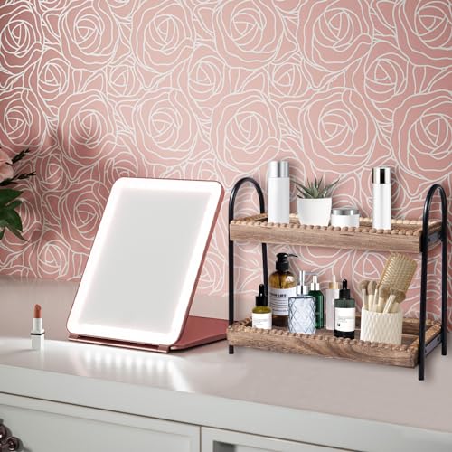 BDBDYEAY Bathroom Countertop Organizer, 2 Tier Vanity Organizer and Storage for Cosmetic Skincare Perfume, Wood Bead Storage Shelf for Bathroom Kitchen Coffee Station