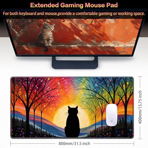 Canjoy Cute Black Cats Anime Mouse pad, 31.5x15.7inch Kawaii Computer Keyboard Mat Extended Large Gaming Mouse Pad with Non-Slip Rubber Base - color: Rainbow Cat