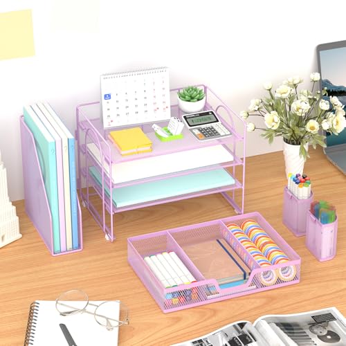 Marbrasse Desk Organizer and Accessories,4-Tier Paper Letter Tray Organizer with File Holder, Workspace Desk Organizers Accessories with Drawer and 2 Pen Holder (Purple, 15.4" x 9.1" x 8.3") - color: Purple
