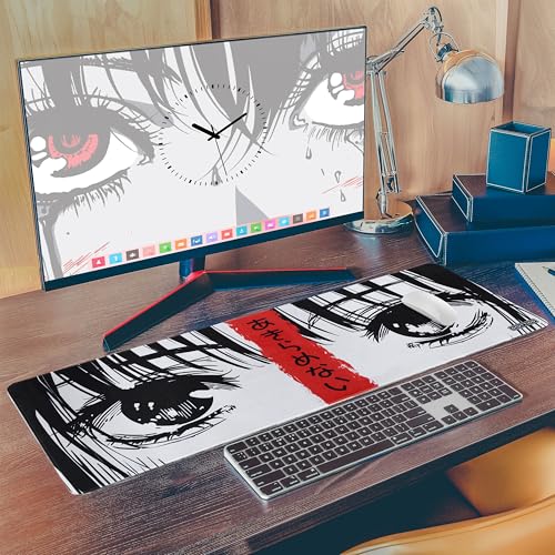 XL (31.5×11.8 in) Manga Eyes Gaming Mouse Pad – Japanese Minimalist Desk Mat with Kanji & Bold Art – Non-Slip, Water-Resistant Surface, Stitched Edges – Anime Red - color: Anime Red, size: 31.5L x 11.8W inches