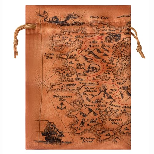 RICHNESS 16pcs Pirate Party Favor Bags Treasure Map Bag with Drawstring Closure Satin Party Loot Bags 4.5X6 Inches Goodie Bags - color: Brown