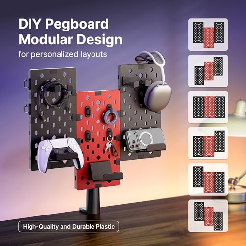 PEGZONE Modular Headphone and Controller Holder for Game, Clamp-on Pegboard, Rotatable Controller Stand with Cable Hooks, Gaming Accessory for Xbox PS5 PS4 Nintendo Switch, 3Pcs Pegboard, Red - color: Red, size: 3PCS