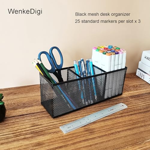 2-Pack Metal Mesh Pencil Holder, Spacious 3-Compartment Desk Organizer for Pens, Makeup Brushes, Utensils, Desktop Storage for Home, Office, School, Kitchen, 10.43x3.35x4.04 Inch, Black - color: 2 Pack black