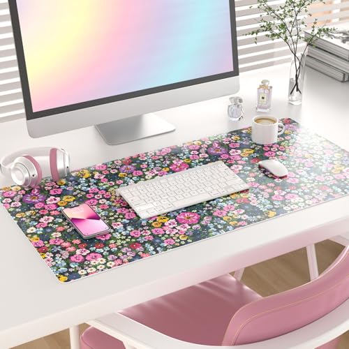 Colorful Star Large Mouse Pad, Floral Desk Mat Office Supplies, Waterproof Faux Leather Big Gaming Mousepad for Women Girls, Blooming Flowers Desk Pad Home Office Décor Accessories 31.5" x 15.7" - color: Blooming Flowers, size: 31.5L x 15.7W inches