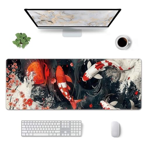 Koi Fish Large Mouse Pad,Gaming Keyboard Desk Pad,Extended Mouse Mat Non-Slip Rubber Base with Stitched Edges for Office Game Home XL 31.5"x11.8" - color: Koi Fish, size: 31.5L x 11.8W inches