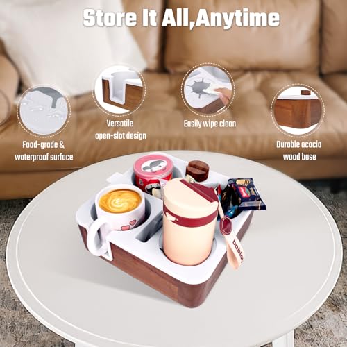 Couch Cup Holder Tray, Real Acacia Wooden Caddy with Soft Silicone, Snack and Drink Organizer- Perfect Movie Night Accessories for Bed, Remote and Cup Holders for Sofa (White) - color: White