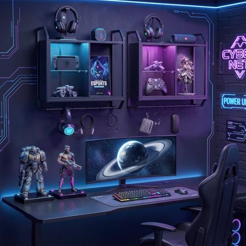Gaming Floating Wall Shelves with Led Lights, Wall Mounted Shelf, 24" Led Lights and Adjustable Glass Bar Wine Shelf, Black Wall Shelf with 6 Hooks for Gaming Room Bedroom Living Room
