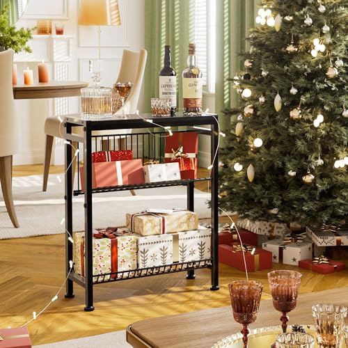Narrow Side Table for Small Space, 3-Tier End Table with Magazine Holder, Slim Nightstand with Wire Shelf, Skinny Bedside Table in Living Room, Bedroom, Study, Kitchen and Balcony (Black) - color: Upgrade-black