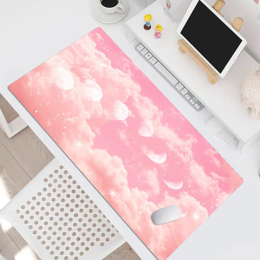 EOBTAIN Pink Cloud Desk Mat for Keyboard and Mouse,Cute Pastel Large Mouse Pad Computer Gaming Mat Desk Accessories Decor,Stitched Edges and Smooth Non-Slip Rubber Mousepads,31.5x15.7 Inch - color: Pink