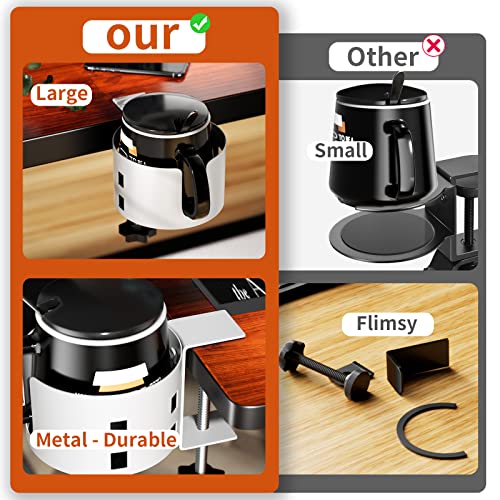 Upgraded Large Desk Cup Holder Clamp, Anti-Spill Cup Holder for Table, Durable 5 Adjustable Directions, Metal Office & PC Gaming Desk Accessories, Enough to Hold Coffee Cups, Water Bottles, White - color: White, size: 1 Pack, 3.95 inch