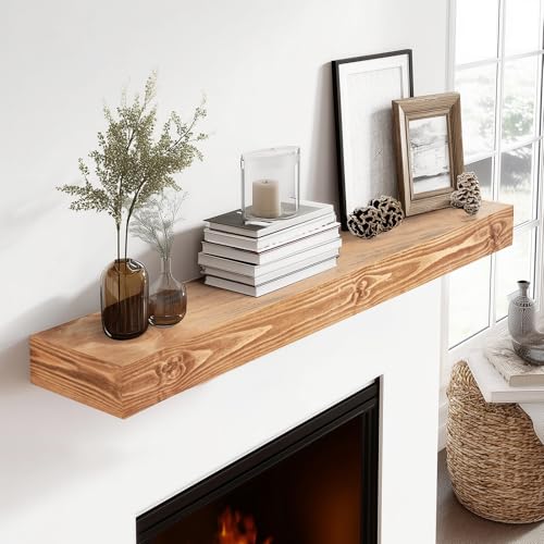 48x3x7in Solid Wood Floating Shelf – Wood Natural Wall Mounted Fireplace Mantel Shelf – Heavy Duty Decorative Fireplace Mantel for Living Room, Kitchen, Bathroom, Bedroom - color: Wood, size: 48x3x7-hollow
