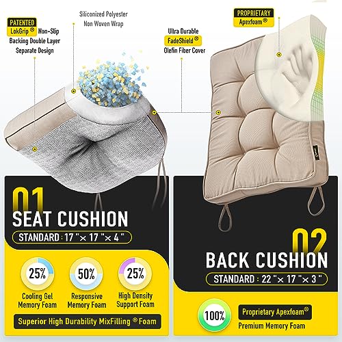 SUNROX Memory Foam Non Slip Rocking Chair Cushion, FadeShield Water Resistant Thicken Durable Tufted Pads, Set of Seat & Back Cushion with Ties for Indoor/Outdoor Rocker, 2 Piece, Husk Birch - color: Husk Birch