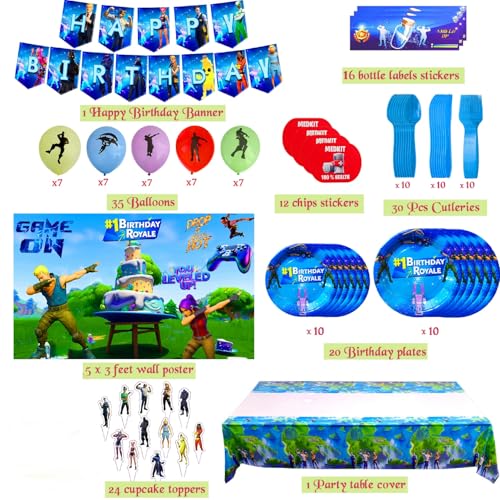 Gaming Party Supplies Birthday Decoration Set 142 Pack - Balloons, Toppers, Bottle Stickers Labels, Wall Poster, Banner Video Game Themed And Much More