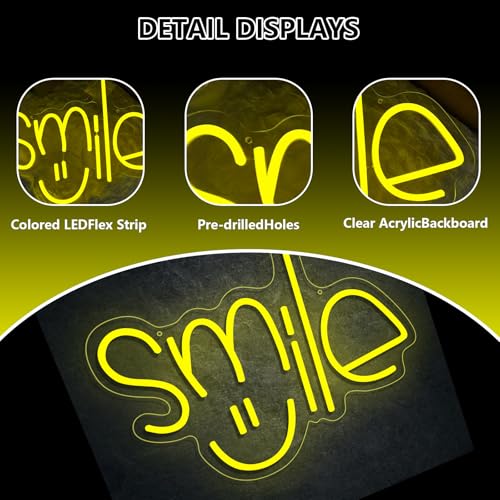 Smile Neon Sign, LED Neon Lights for Wall Decor, Dimmable Smile Face Neon Signs for Bedroom, Gaming Room, Kids Room, Bar, Wedding, Birthday Party, Fun Bright USB Light 13.78 x 11.42 - color: smile