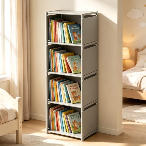 RIIPOO Book Shelf, 4-Cube Storage Organizer, Metal & Fabric Bookcase for Small Spaces, Bedroom, Living Room - style: 4-Cube