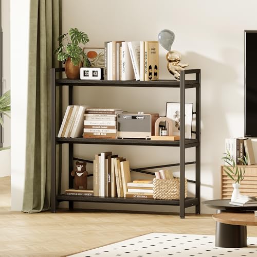 Book Shelf, 3 Tier Bookshelf 31.49" Width, Book Shelf Storage and Organization, Wooden and Metal Industrial Bookcase, Large Book Shelves for Home Living Room Bedroom Office Storage(Black) - color: Black, size: 3 Tier - 31.5" W