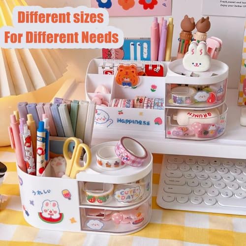 Kawaii Stationery Storage Box Makeup Organizer with 2 Drawers, Kawaii Pen Organizer with Stickers DIY Fun, Desk Organizers and Accessories with 5 Compartments for Teen Girls Office Art Supplie - color: Pink, size: Large