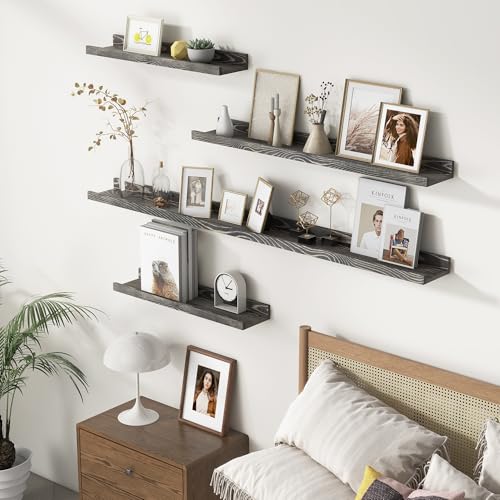 FLYJOE 24 Inches Floating Shelves for Wall, Solid Pine Wood Picture Ledge Shelves, Wall Shelves with Lips, Nursery Book Shelves for Toys Storage Living Room Bedroom Photo Frames (2 Pcs, Grey) - color: Grey, size: 24'', set of 2