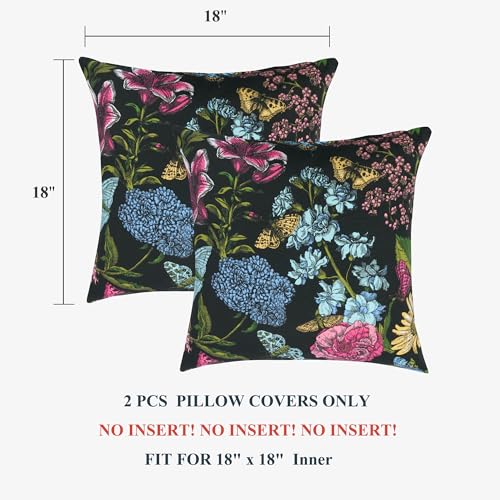 FUNHOME Outdoor Pillow Covers ONLY, No Insert! Pack of 2 Square Throw Pillow Covers, Decorative Water-Repellent Modern Cushion Cases for Sofa Patio Couch Decoration 18 x 18 Inch-Black Flower Butterfly - color: Black Flower Butterfly, size: 18"L x 18"W(No