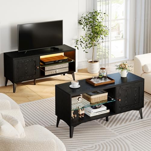 LIKIMIO 2-in-1 TV Stand for 85 Inch TV, Black TV Consoles with LED Lights | 2 Storage Cabinets & Adjustable Glass Shelves, with Charging Station, TV Table for Living Room & Bedroom