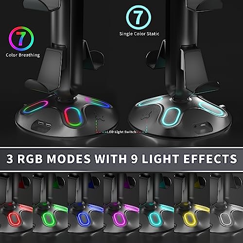 Gaming RGB Headphone Stand, Controller Holder with 9 Light Modes and 2 USB Charging Ports and 3.5mm & Type-C - Controller Stand Hanger Accessories for Desk and Gamer(Black) A - color: Black