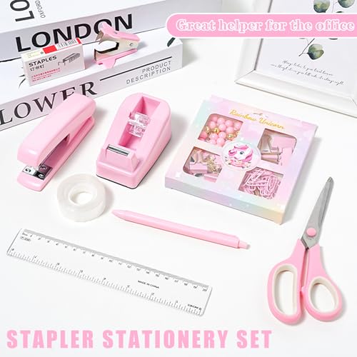 COMFYROOM Pink Desk Accessories with Pen Holder, Pink Office Supplies Desk Organizers and Accessories for women, Tape Dispenser, Stapler, Staple Remover, Staples, Clips Set, Ruler, Scissor, Pen, Tape - color: Desk Accessories Office Supplies-Pink