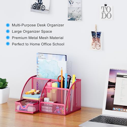 EasyPAG Mesh Desk Organizer with Drawer Multi-functional Pen Holder Stationery Organizer for Office School Supplies 6 Compartments Dorm Organizers and Storage for Desk, Hot Pink - color: Hot Pink