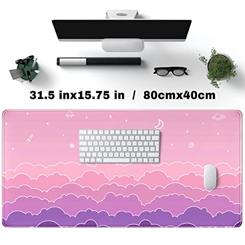 Kawaii Mouse Pad Desk Gaming Accessories Cute Clouds XXL Mouse Pad Pink Anime Office Decor Desk Mousepad Large, 31.5x15.7in Extended Keyboard Mousepad for Desk Girl with Stitched Edges Non-Slip - color: B-lovely Pink