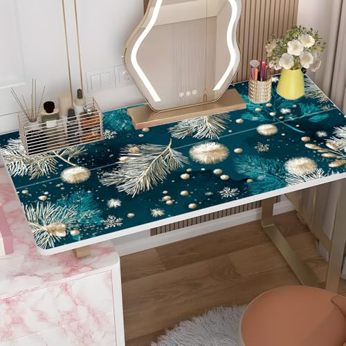 Teal Gold Winter Botanical Desktop Sticker 39.37x23.62In, Pine Branch Snowflake Desk Decal, Easy Clean Table Surface Sticker, Elegant Home Decor - color: Colorful195