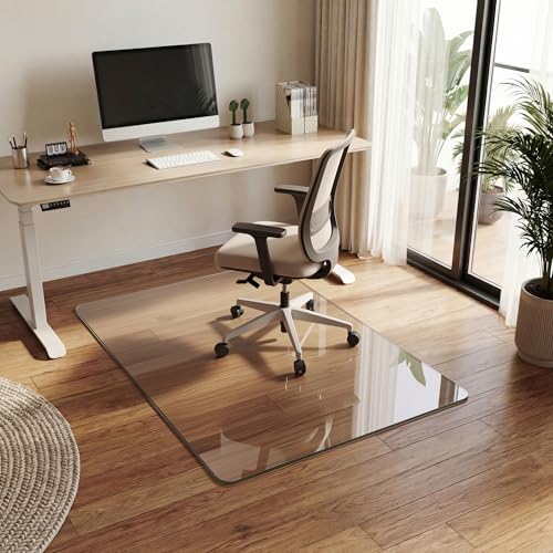 Tempered Glass Chair Mat for Hardwood Floor, 32" x 48" Heavy Duty Glass Office Chair Mat, for Low Pile Carpet, 0.2" Thick with 4 Non-Slip Pads, Smooth Rolling for Home & Office - size: 32" x 48"