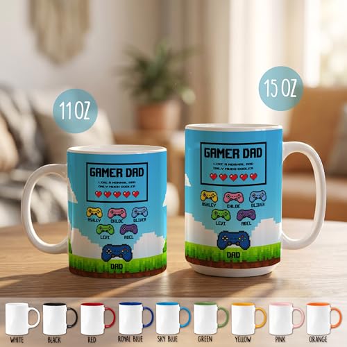 Personalized Gamer Dad Mug - Custom Retro Arcade Video Game Coffee Cup with Kids Names - Unique Gifts for Gamer Dad, Gifts for Father's Day, Player 1 Birthday Present, 11 Oz & 15 Oz, 9 Colors - color: Gamer Dad Mug